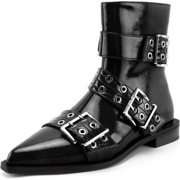 🆕Women Black Ankle Wide Buckle Boots Pointed Low Heel Boot Pull Fashion Boots - Picture 1 of 7